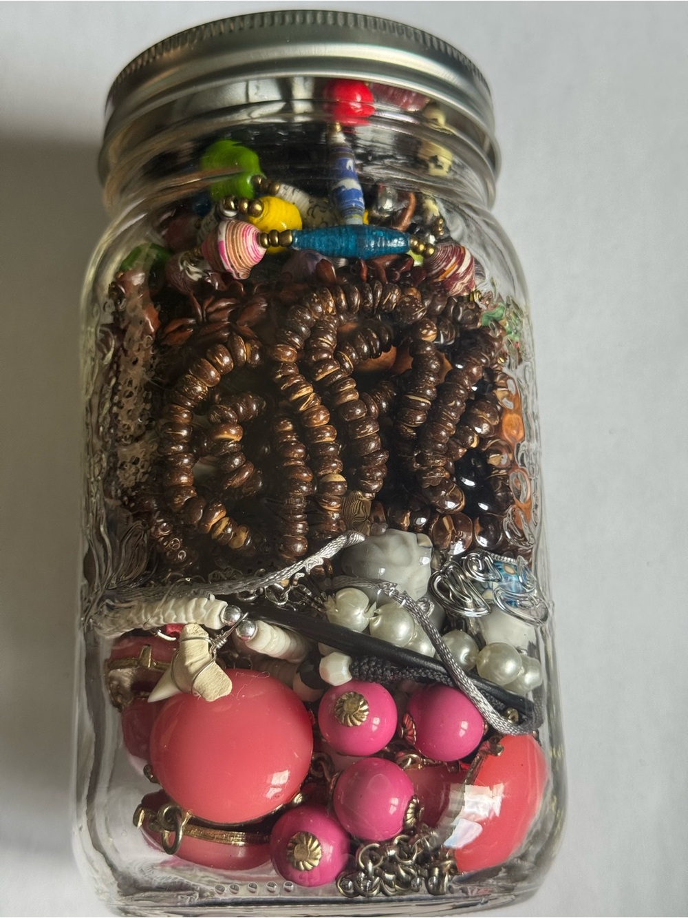 Mason Jar Filled with Assorted Costume Jewelry - Pink & Brown Accents